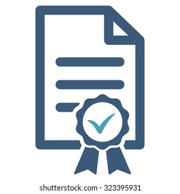 Certified vector icon. Style is bicolor flat symbol, cyan and blue colors, rounded angles, white background.