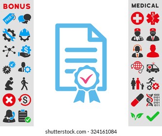 Certified vector icon. Style is bicolor flat symbol, pink and blue colors, rounded angles, white background.