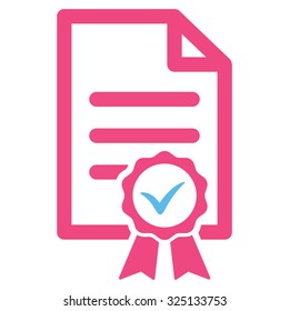Certified vector icon. Style is bicolor flat symbol, pink and blue colors, rounded angles, white background.