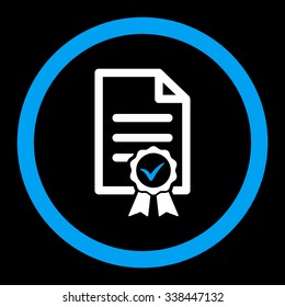 Certified vector icon. Style is bicolor flat rounded symbol, blue and white colors, rounded angles, black background.
