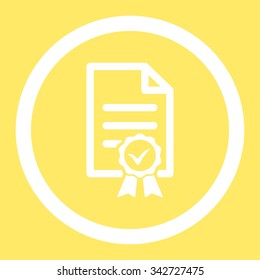 Certified vector icon. Style is flat rounded symbol, white color, rounded angles, yellow background.