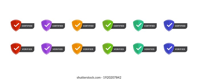 Certified, verified text with icon vector illustration. Logo shield badge editable space text in colorful design.
