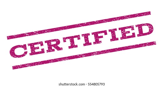 Certified watermark stamp. Text caption between parallel lines with grunge design style. Rubber seal stamp with unclean texture. Vector purple color ink imprint on a white background.