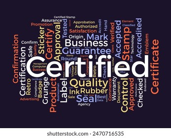 Plantilla certificada de nube de palabras. Garantía de Aprobación concepto de Vector tagcloud fondo.