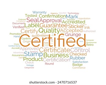 Certified word cloud template. Guarantee approval concept vector tagcloud background.