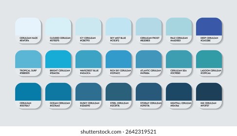 Cerulean Color Palette. Cerulean color Tone Swatch Chart with HEX Codes and Color Names. Midtones and Oceanic Variants . Deeper Moody Shades sea colour Palette. real blue color palette design vector