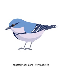 Cerulean warbler is a small songbird of the New World warbler family. Bird cartoon flat style beautiful character of ornithology, vector illustration isolated on white background.