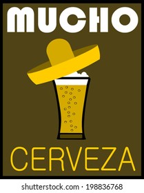 cerveza (beer) graphic design with mug of beer and sombrero