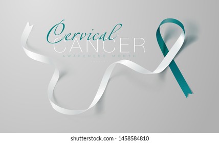 Cervical Cancer Awareness Calligraphy Poster Design. Realistic Teal and White Ribbon. January is Cancer Awareness Month. Vector.