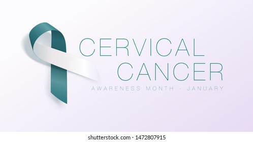 Cervical Cancer Awareness Calligraphy Poster Design. Realistic Teal and White Ribbon. January is Cancer Awareness Month. Vector.