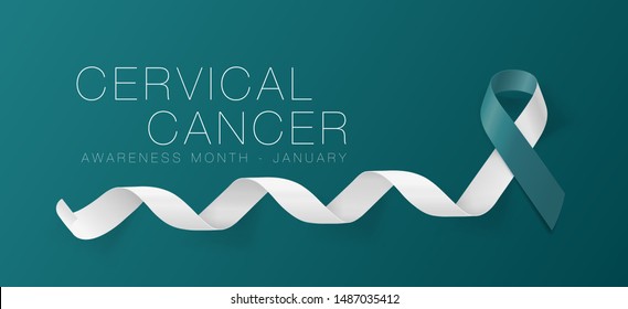 Cervical Cancer Awareness Calligraphy Poster Design. Realistic Teal and White Ribbon. January is Cancer Awareness Month. Vector. Illustration