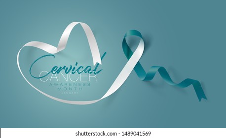 Cervical Cancer Awareness Calligraphy Poster Design. Realistic Teal and White Ribbon. January is Cancer Awareness Month. Vector.