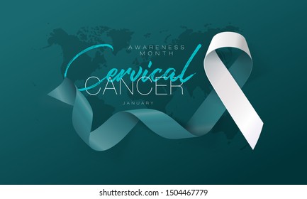 Cervical Cancer Awareness Calligraphy Poster Design. Realistic Teal and White Ribbon. January is Cancer Awareness Month. Vector. Illustration