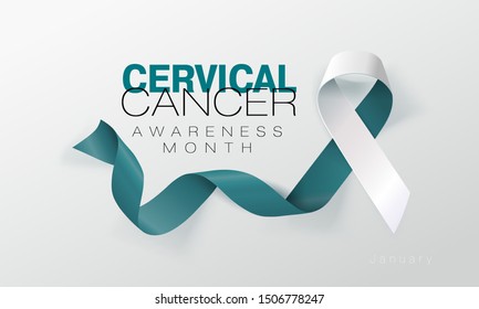 Cervical Cancer Awareness Calligraphy Poster Design. Realistic Teal and White Ribbon. January is Cancer Awareness Month. Vector. Illustration