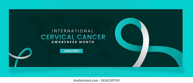 Cervical Cancer Awareness campaign banner with White and teal ribbon symbols on gradient pastel light Teal background.