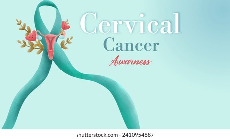 Cervical Cancer Awareness green butterfly web banner for support and health care. Template for Infographics for Websites Magazines. Flat Cancer Awareness Month. Vector illustration.