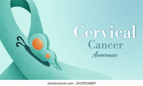 Cervical Cancer Awareness green butterfly web banner for support and health care. Template for Infographics for Websites Magazines. Flat Cancer Awareness Month. Vector illustration.