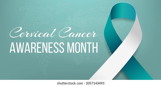 Cervical cancer awareness month banner with teal and white ribbon awareness and text. Vector illustration.
