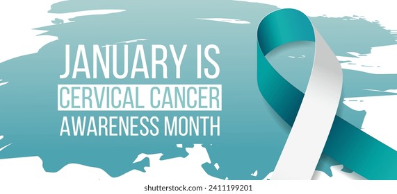 Cervical cancer awareness month banner with teal and white ribbon awareness and text. Vector illustration.