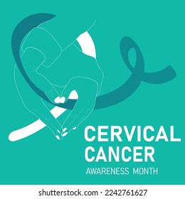 Cervical Cancer Awareness Month poster. Vector cartoon illustration of  hands with a heart shape holding a ribbon.