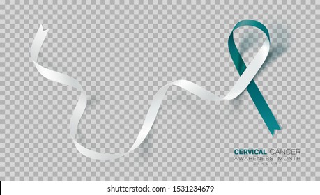 Cervical Cancer Awareness Month. Teal And White Ribbon Isolated On Transparent Background. Vector Design Template For Poster. Illustration.