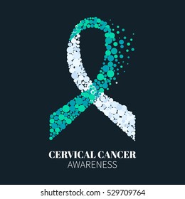 Cervical cancer awareness poster with white and teal ribbon made of dots on dark background. Ovarian disease symbol. Medical concept. Vector illustration.
