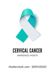 Cervical cancer awareness ribbon vector. Realistic white and teal ribbon