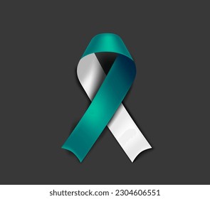 Cervical cancer awareness symbol. Teal and white ribbon isolated on dark background