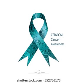 Cervical Cancer awareness, vintage paisley texture on teal blue green color ribbon on solid white background. January is Cervical Cancer Awareness Month.