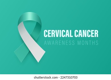 Cervical Cancer Banner, Card, Placard with Vector 3d Realistic Teal and White Ribbon on Teal Background. Cervical Cancer Awareness Month Symbol Closeup. World Cervical Cancer Day Concept