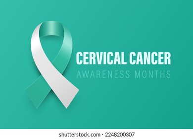 Cervical Cancer Banner, Card, Placard with Vector 3d Realistic Teal and White Ribbon on Teal Background. Cervical Cancer Awareness Month Symbol Closeup. World Cervical Cancer Day Concept