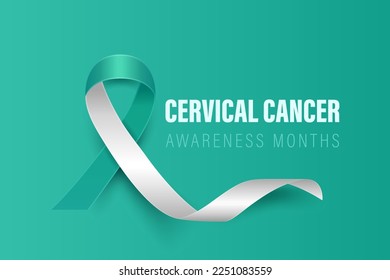 Cervical Cancer Banner, Card, Placard with Vector 3d Realistic Teal and White Ribbon on Teal Background. Cervical Cancer Awareness Month Symbol Closeup. World Cervical Cancer Day Concept