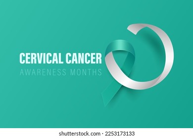 Cervical Cancer Banner, Card, Placard with Vector 3d Realistic Teal and White Ribbon on Teal Background. Cervical Cancer Awareness Month Symbol Closeup. World Cervical Cancer Day Concept