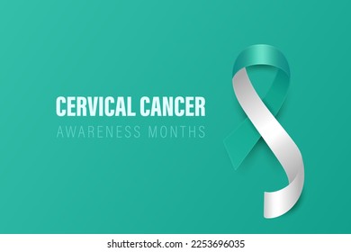 Cervical Cancer Banner, Card, Placard with Vector 3d Realistic Teal and White Ribbon on Teal Background. Cervical Cancer Awareness Month Symbol Closeup. World Cervical Cancer Day Concept