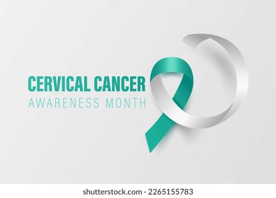 Cervical Cancer Banner, Card, Placard with Vector 3d Realistic Teal and White Ribbon on White Background. Cervical Cancer Awareness Month Symbol Closeup. World Cervical Cancer Day Concept