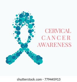 Cervical cancer poster with teal ribbon made of dots on white background. Ovarian disease symbol for January awareness month. Medical concept. Vector illustration.