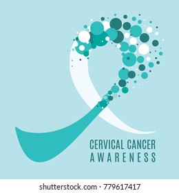 Cervical cancer poster with teal and white ribbon made of dots on blue background. Ovarian disease symbol for January awareness month. Medical concept. Vector illustration.