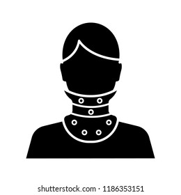 Cervical collar glyph icon. Neck brace. Medical plastic neck support. Silhouette symbol. Orthopedic collar. Traumatic head and neck injuries treatment. Negative space. Vector isolated illustration