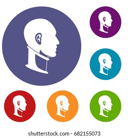 Cervical collar icons set in flat circle red, blue and green color for web