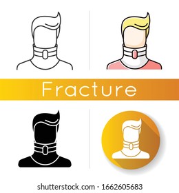 Cervical fracture icon. Broken neck. Human in neck brace, collar. Medical device. Healthcare. Treatment. Injury, trauma. Accident. Linear black and RGB color styles. Isolated vector illustrations