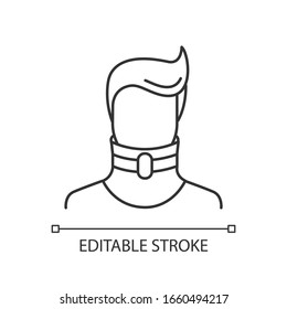Cervical fracture pixel perfect linear icon. Broken neck. Human in neck collar. Medical device. Thin line customizable illustration. Contour symbol. Vector isolated outline drawing. Editable stroke