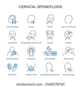 Cervical Spondylosis symptoms, diagnostic and treatment vector icon set. Medical icons.