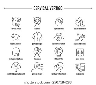 Síntomas del vértigo cervical, iconos de vectores de diagnóstico y tratamiento. Línea de iconos médicos editables.