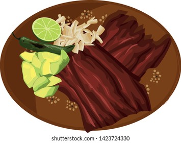 Cesina meat with avocado and fried onion in clay dish