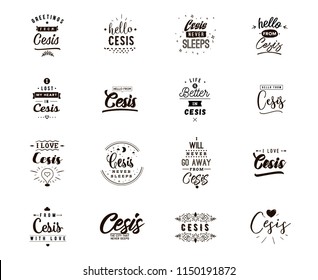Cesis. Greeting cards, vector design. Isolated logos. Typography set.