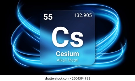 Cesium (Cs) (056) Alkali Metal, Glass Morphism Element Futuristic Neon Light Glow Background Periodic Table, Chemical Symbol, Name, Atomic Mass, Atomic Number, Vector Illustration