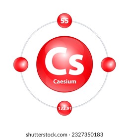 Cesio (Cs) Estructura del icono elemento químico forma redonda círculo luz roja con anillo envolvente. Vector de ilustración 3D. Número de periodo muestra niveles de energía de electrones. Estudios científicos para la educación