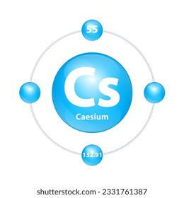 Cesium (Cs) Icon structure chemical element round shape circle light blue with surround ring. Period number shows of energy levels of electron. Study science for education. 3D Illustration vector.