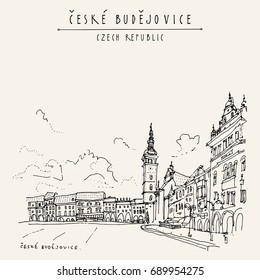 Ceske Budejovice (Budweis), South Bohemia, Czech Republic, Europe. European cityscape. Travel sketch. Hand drawn vintage touristic postcard, poster, book or calendar illustration in vector