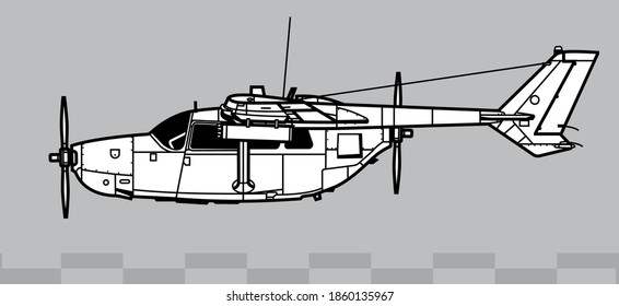 Cessna O-2 Skymaster. Vector Drawing Of Forward Air Control Aircraft. Side View. Image For Illustration And Infographics.